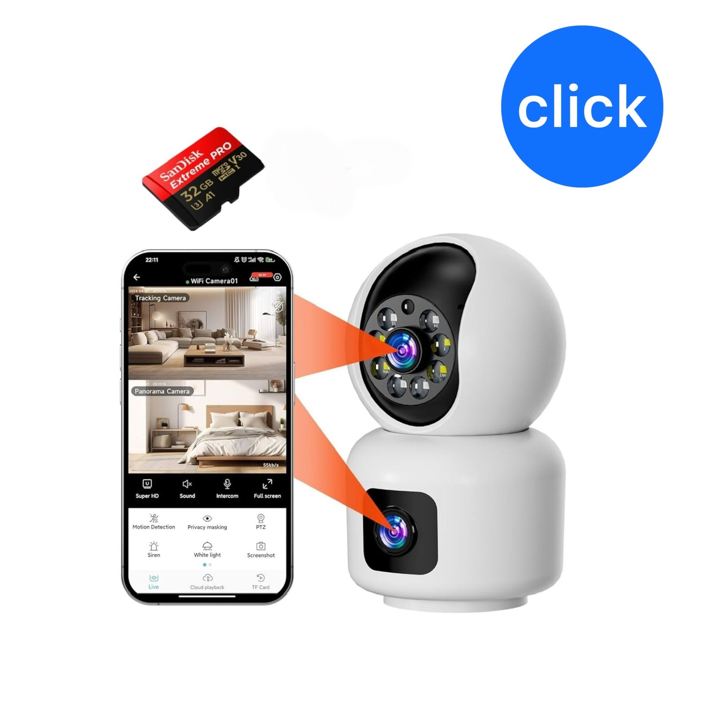 CÁMARA DE SEGURIDAD WIFI DOBLE LENTE CON MEMORIA GRATIS