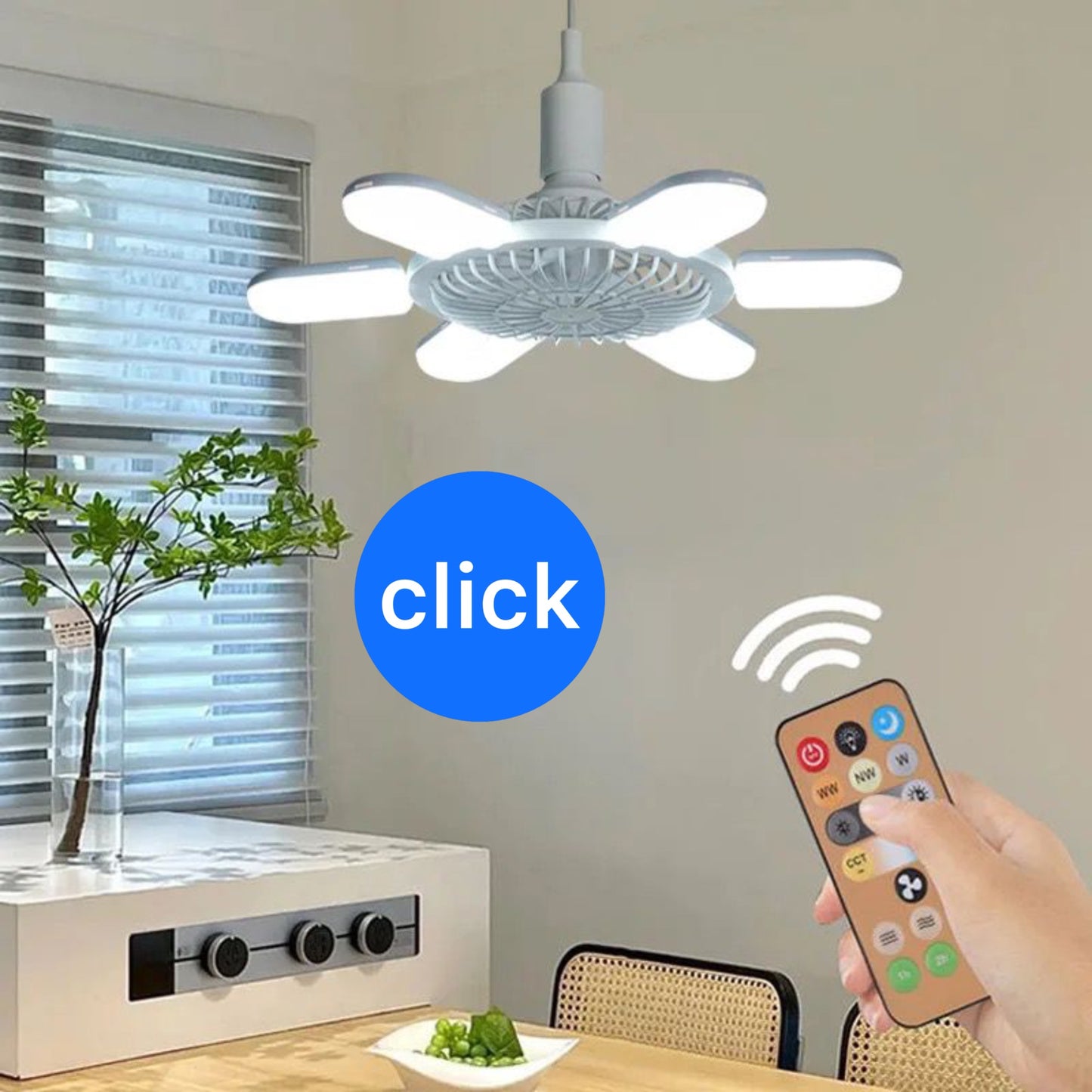 VENTILADOR DE TECCHO PLEGABLE CON CONTROL REMOTO Y FOCO DE 42 WATTS