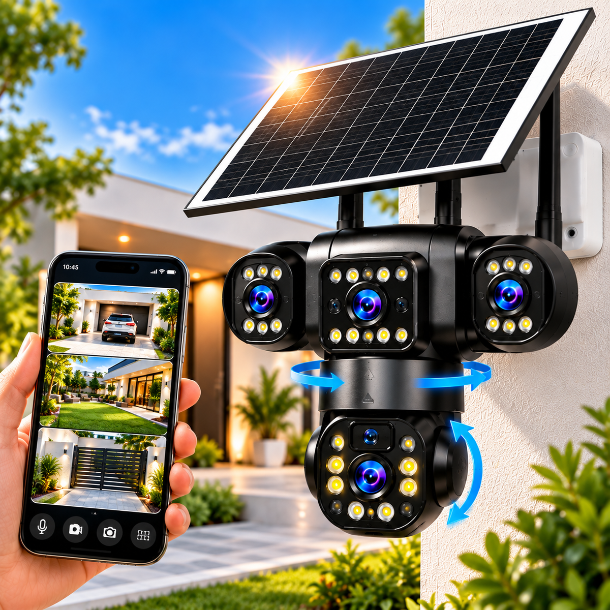 CAMARA SOLAR WIFI DE 3 LENTES ROTATIVOS 4K CON PANEL SOLAR