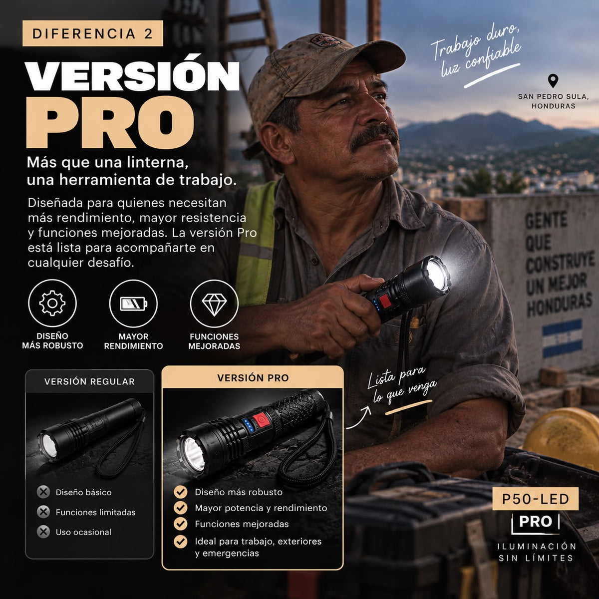 LINTERNA P50-LED PRO | ILUMINA MÁS, LLEGA MÁS LEJOS Y TRABAJA CON MAYOR SEGURIDAD