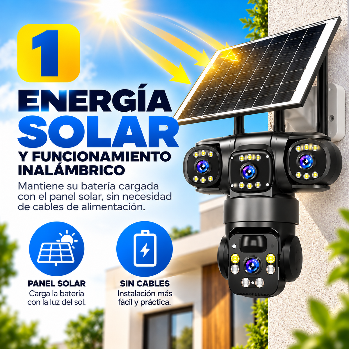 CAMARA SOLAR WIFI DE 3 LENTES ROTATIVOS 4K CON PANEL SOLAR