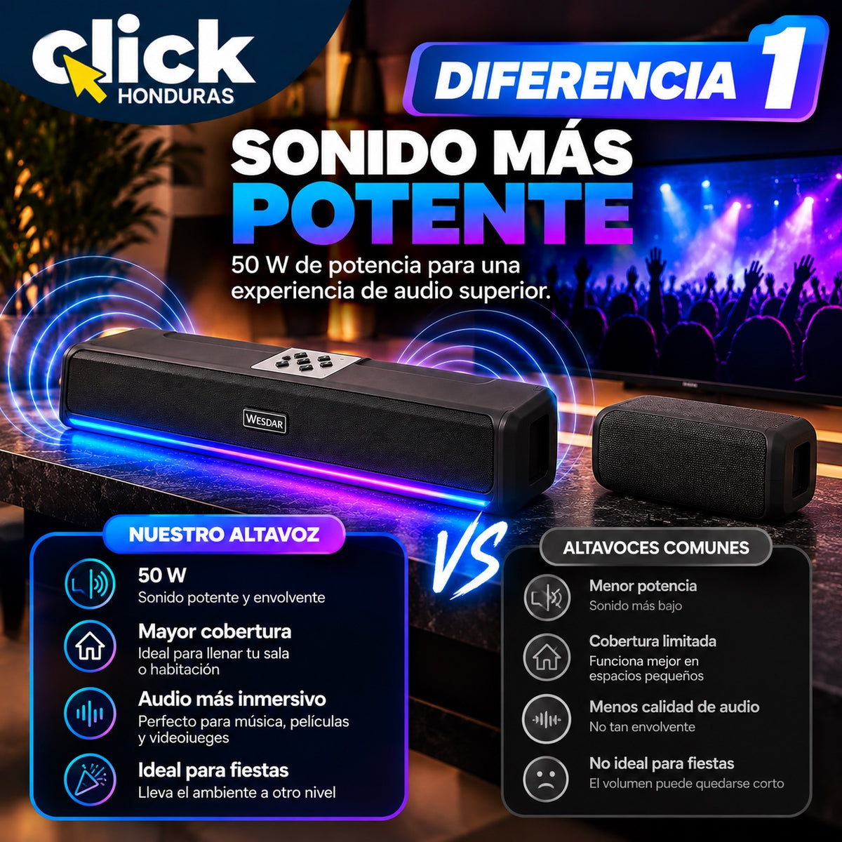 BARRA DE SONIDO WESDAR 50W BLUETOOTH CON LUCES LED RGB Y TWS