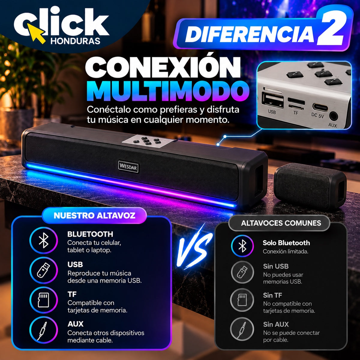 BARRA DE SONIDO WESDAR 50W BLUETOOTH CON LUCES LED RGB Y TWS