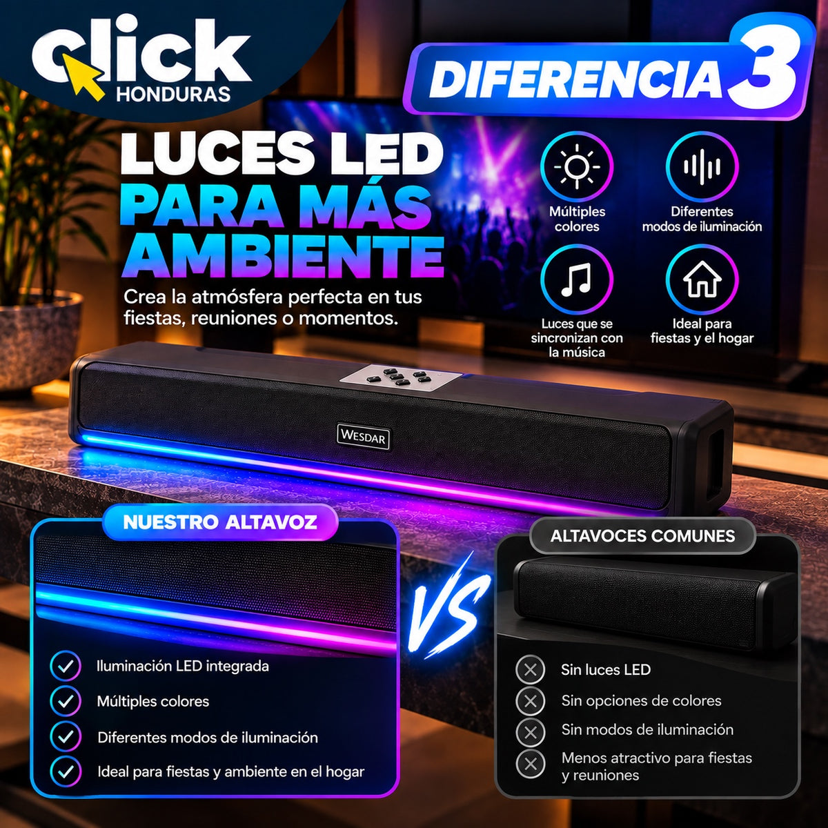 BARRA DE SONIDO WESDAR 50W BLUETOOTH CON LUCES LED RGB Y TWS