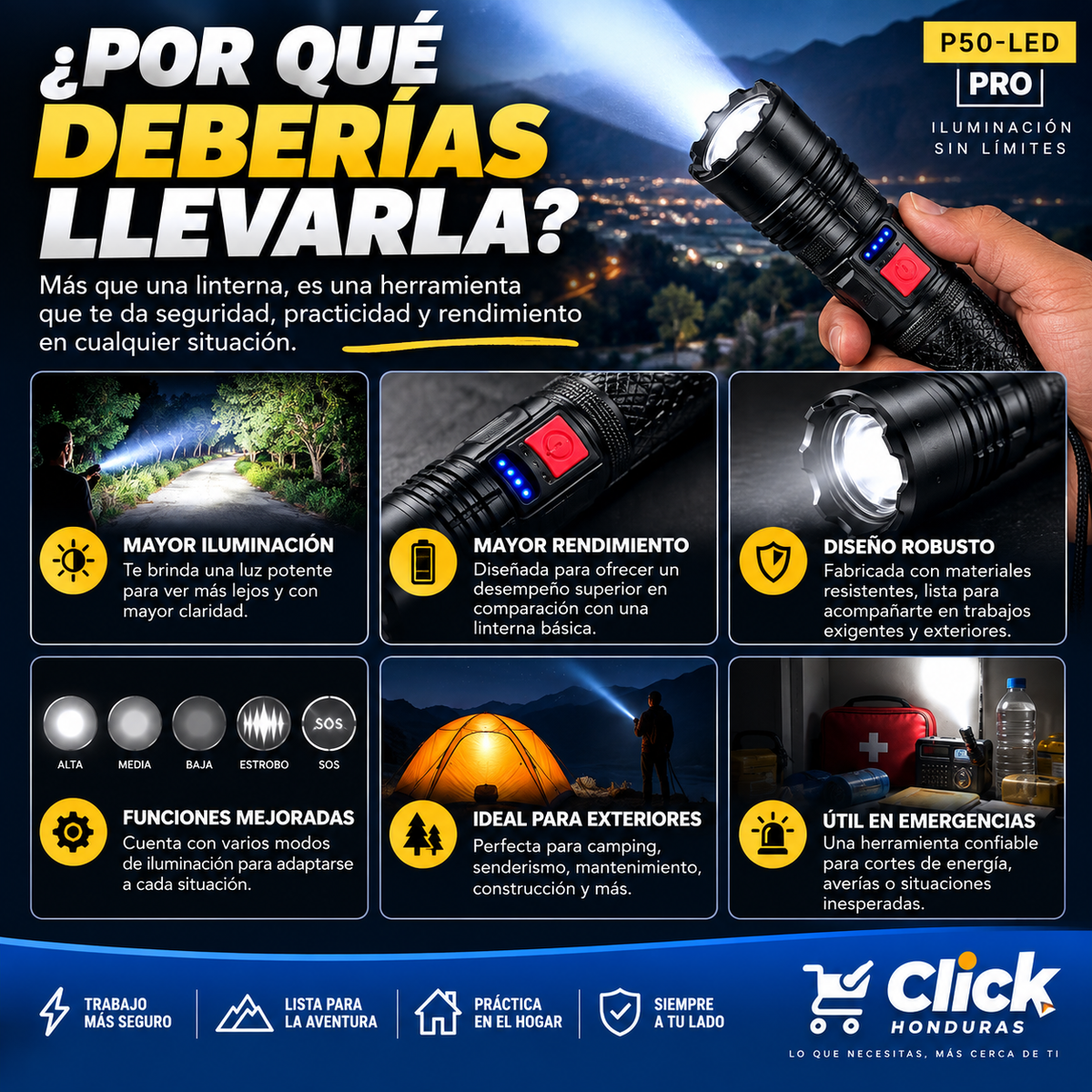 LINTERNA P50-LED PRO | ILUMINA MÁS, LLEGA MÁS LEJOS Y TRABAJA CON MAYOR SEGURIDAD