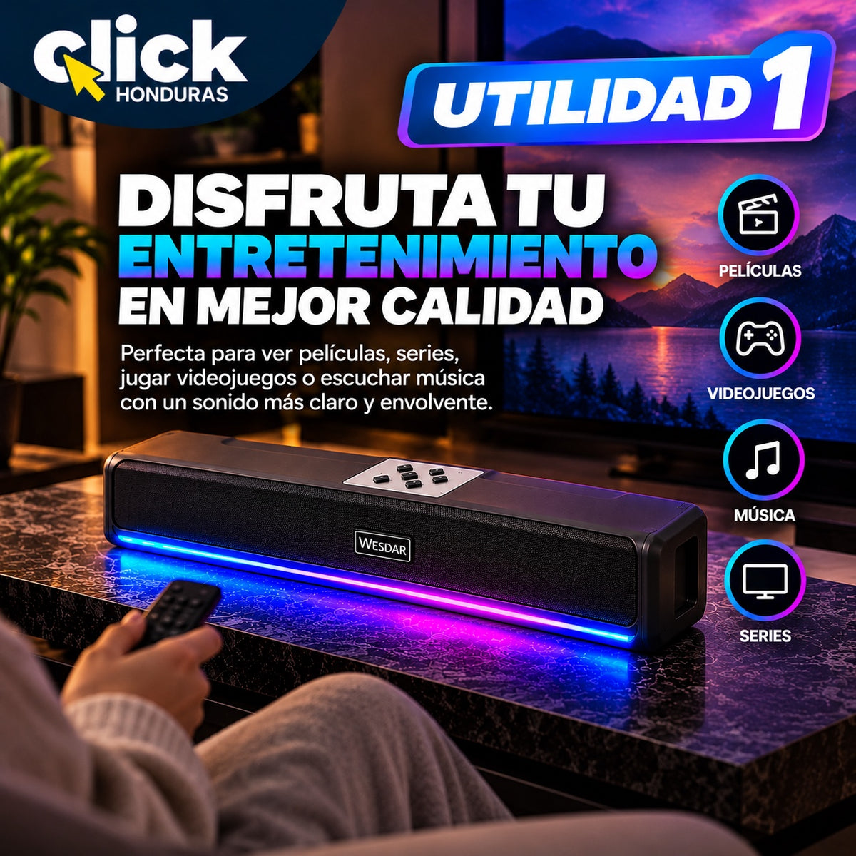 BARRA DE SONIDO WESDAR 50W BLUETOOTH CON LUCES LED RGB Y TWS