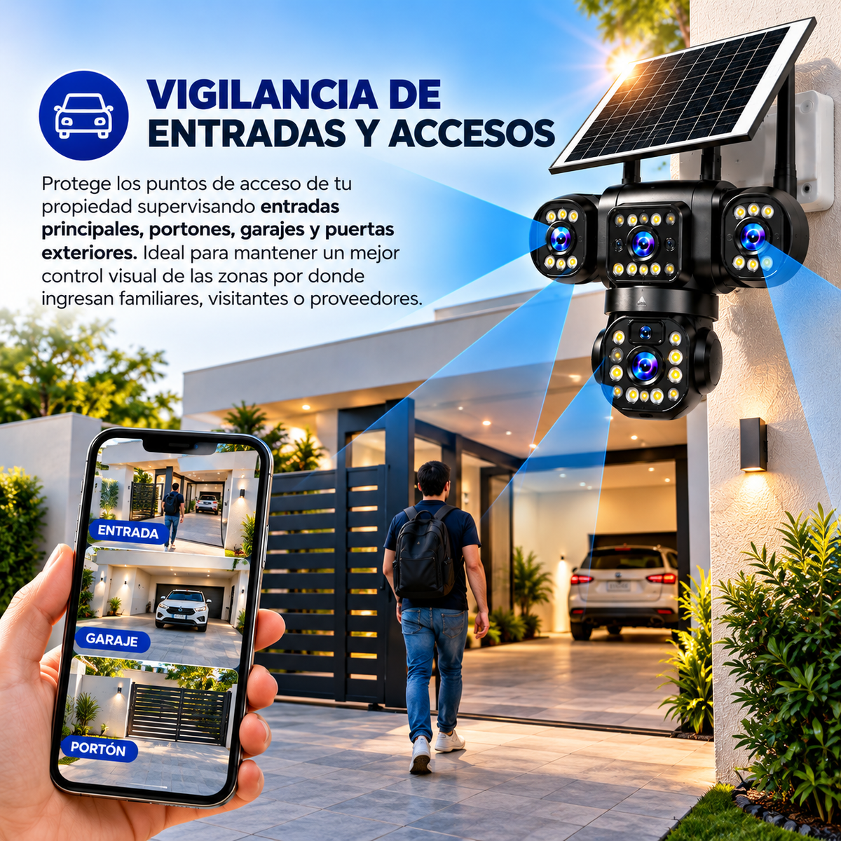 CAMARA SOLAR WIFI DE 3 LENTES ROTATIVOS 4K CON PANEL SOLAR