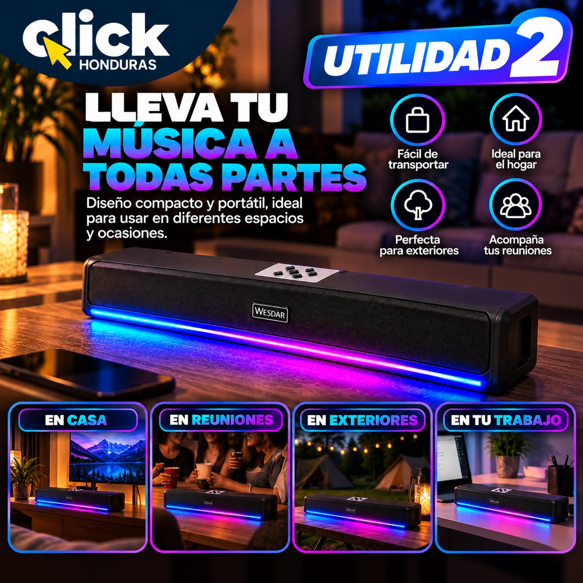 BARRA DE SONIDO WESDAR 50W BLUETOOTH CON LUCES LED RGB Y TWS