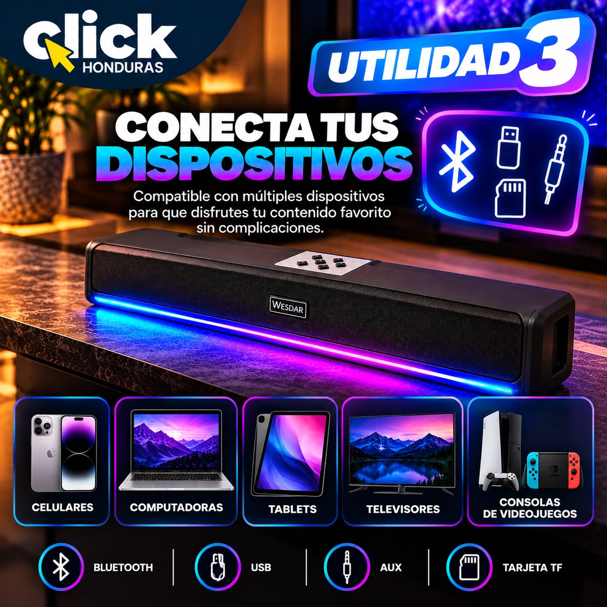 BARRA DE SONIDO WESDAR 50W BLUETOOTH CON LUCES LED RGB Y TWS