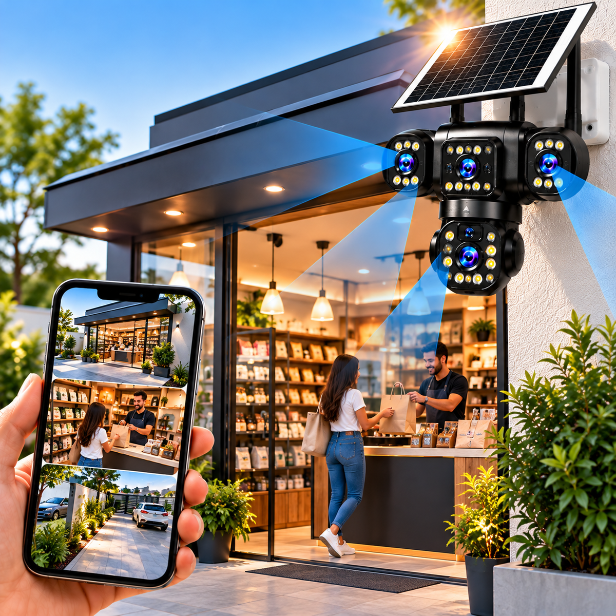 CAMARA SOLAR WIFI DE 3 LENTES ROTATIVOS 4K CON PANEL SOLAR
